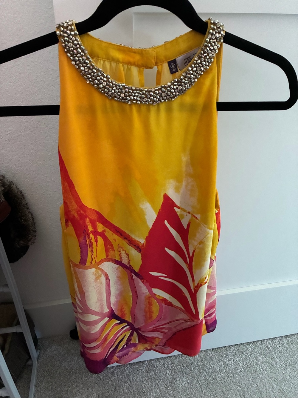 Jennifer Lopez Yellow & Pink Beaded-Neck Strapless Dress